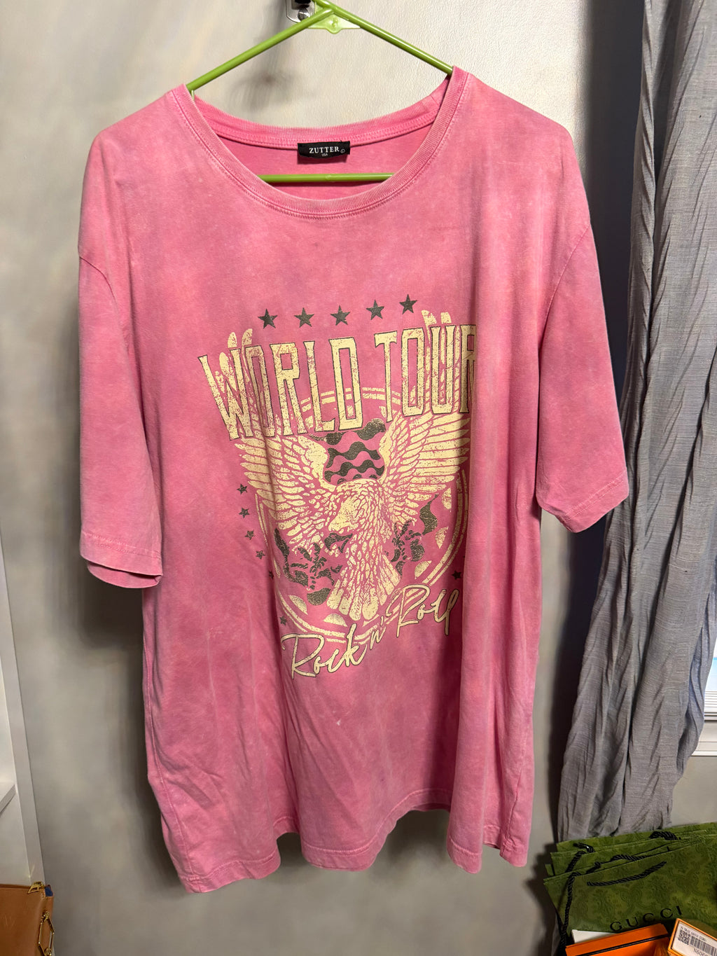 Pink Acid-Wash Graphic Tee — "World Tour Rock N' Roll"