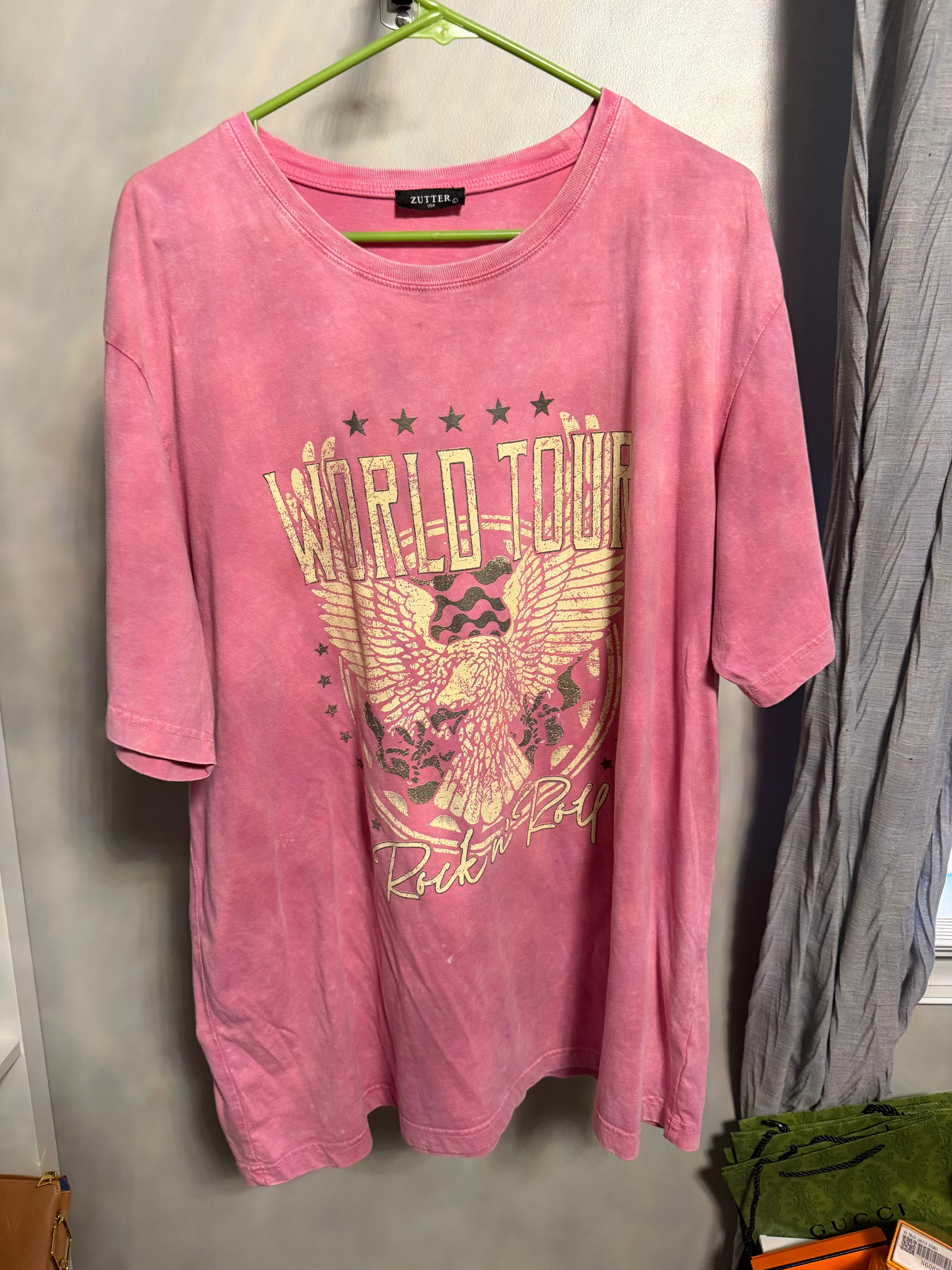 Pink Acid-Wash Graphic Tee — "World Tour Rock N' Roll"