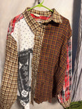 Distressed Patchwork Flannel Shirt — Mixed Plaid & Bandana Print