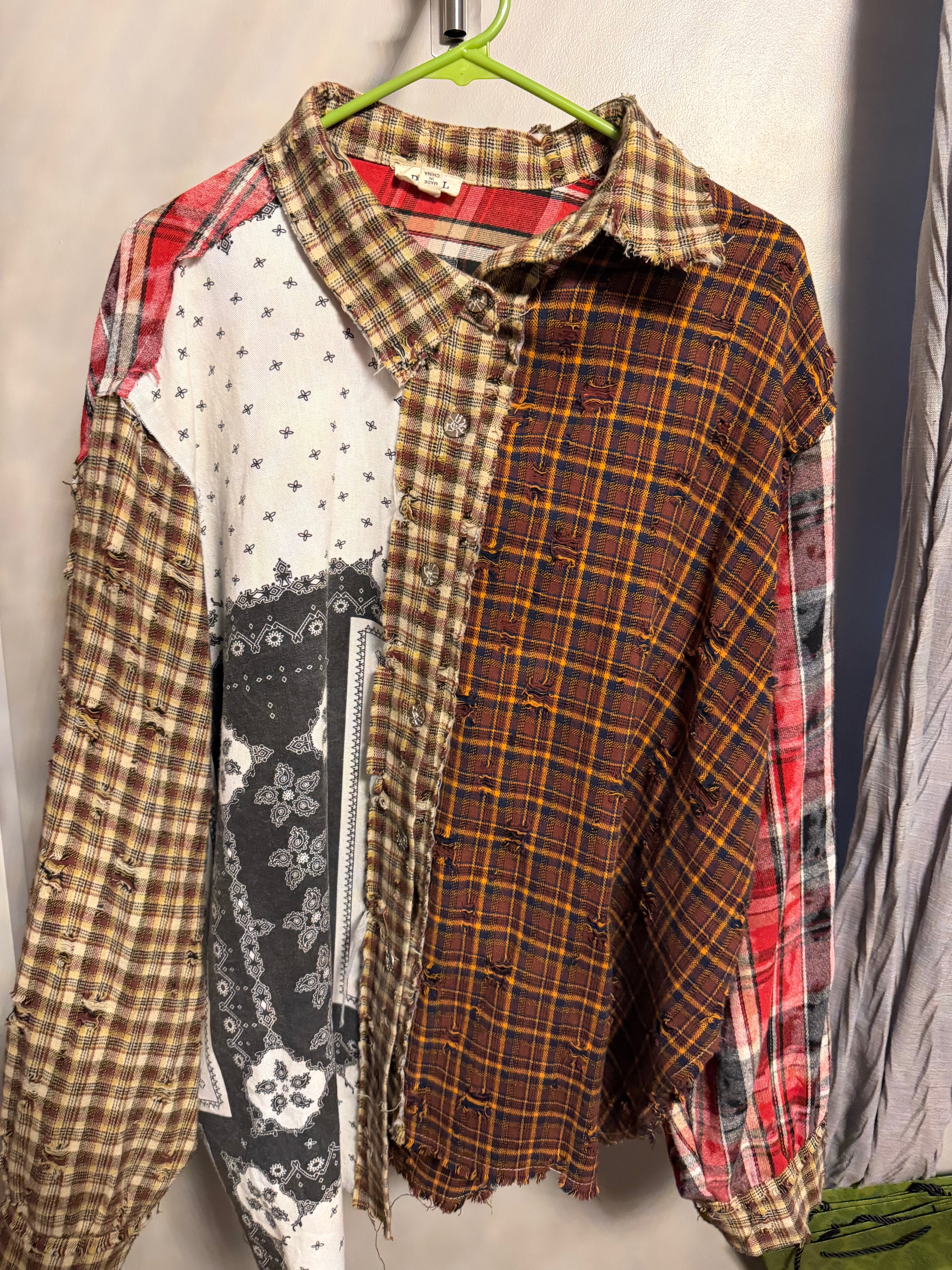 Distressed Patchwork Flannel Shirt — Mixed Plaid & Bandana Print