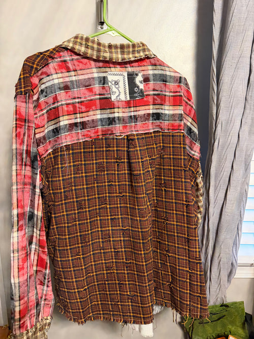 Distressed Patchwork Flannel Shirt — Mixed Plaid & Bandana Print